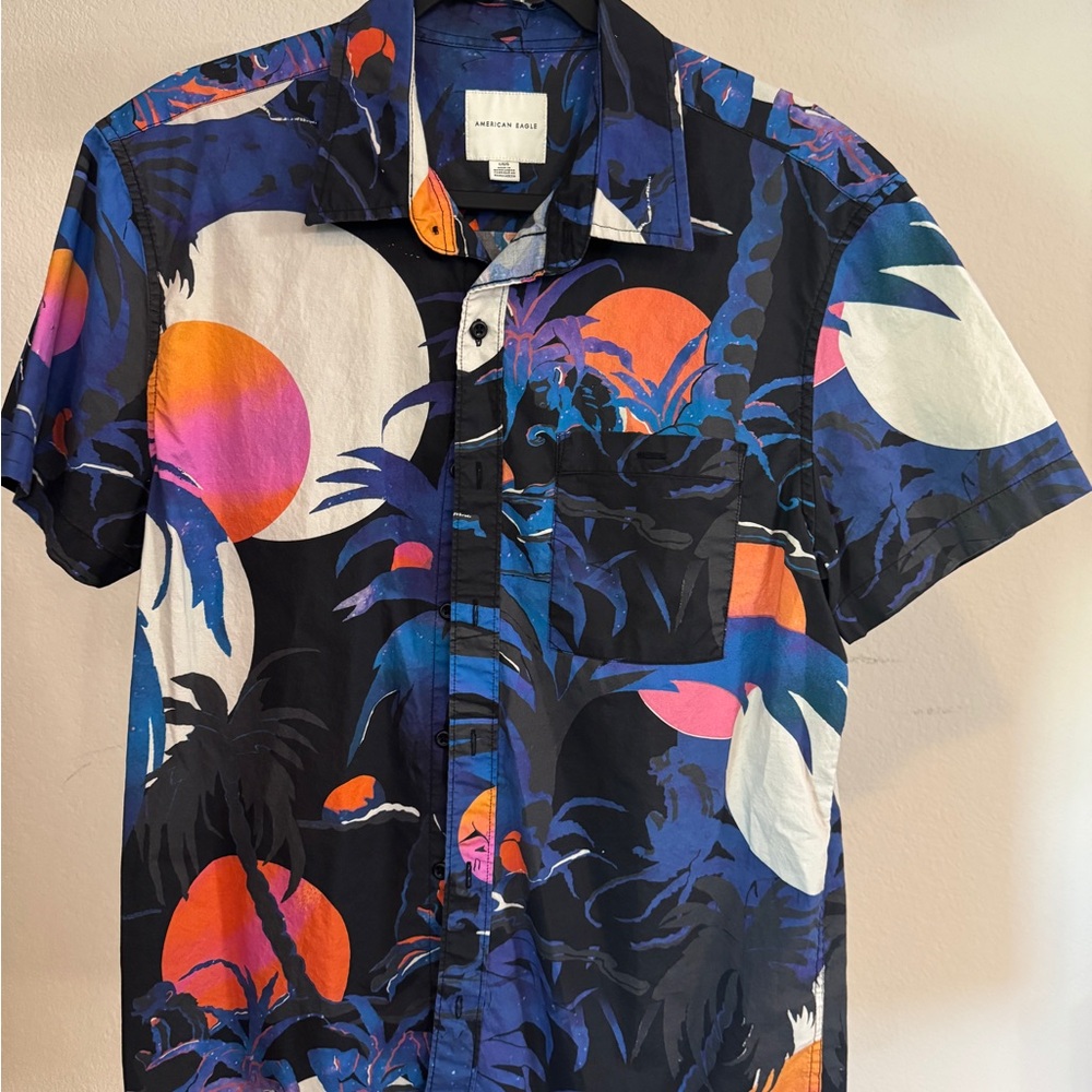 American Eagle Outfitters Men's Vibrant Tropical Shirt - Black, Blue, Orange